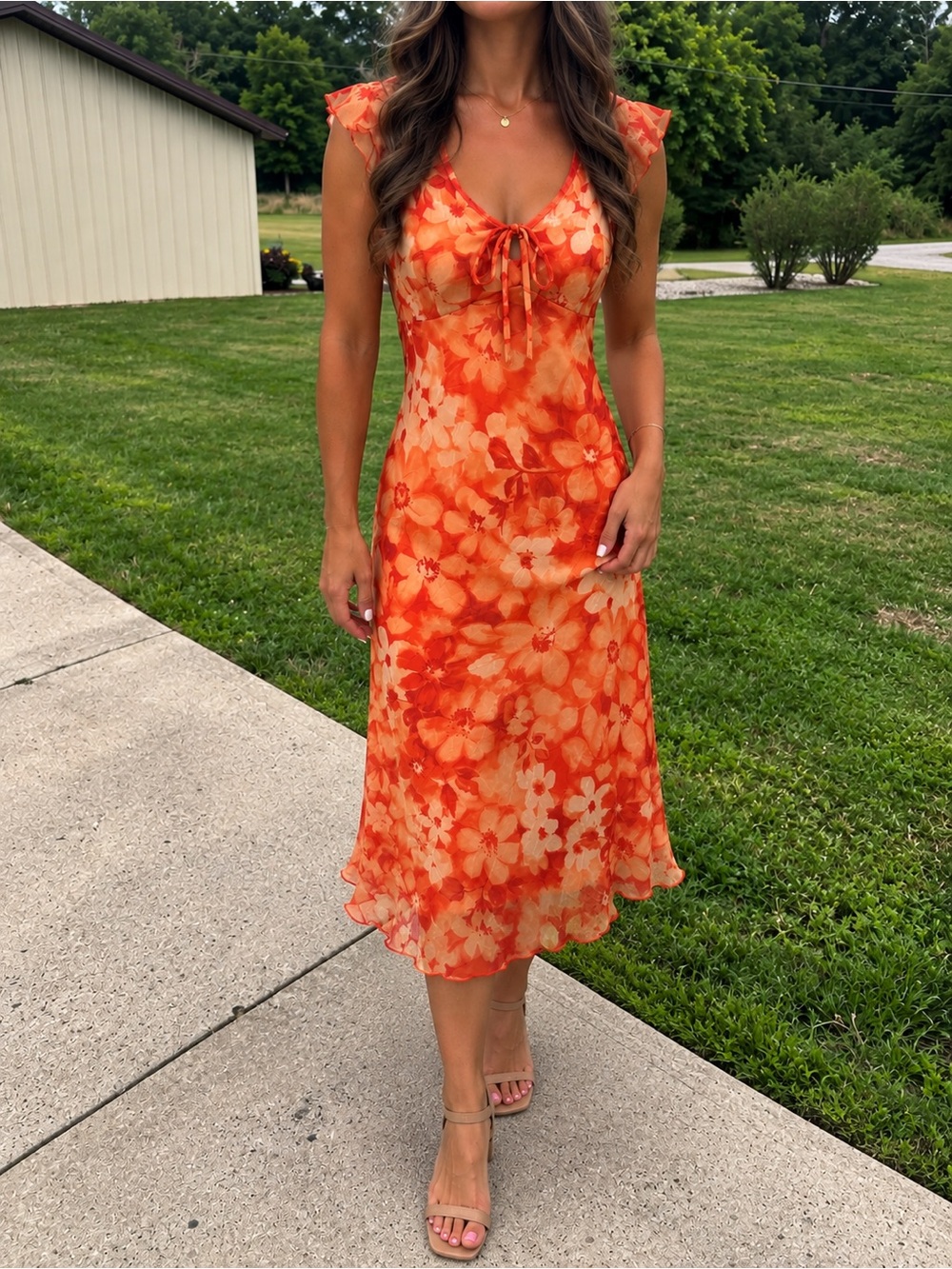 Iz Byer Orange Floral Tie-Front Midi Dress